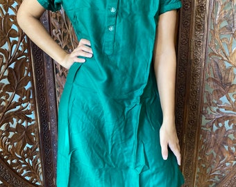 Womens Green Tunic Dress, Boho Housedress, Solid Handmade Patio dress, Loose Comfy Beach Dress M