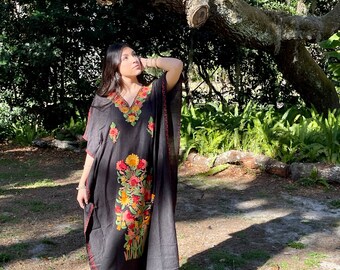 Women's Travel Caftan Maxi Dress, Jet Black Floral Embroidered Kaftan Dress, Handmade Gift, Cotton Cruise Beach Dresses ONE SIZE L-2XL