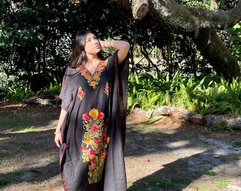 Women's Travel Caftan Maxi Dress, Jet Black Floral Embroidered Kaftan Dress, Handmade Gift, Cotton Cruise Beach Dresses ONE SIZE L-2XL