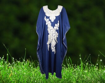 Women's Kaftan Maxi Dress, Blue Beach holidays, Lounger, Cotton Embroidered Handmade Caftans, Oversize L-2XL One Size