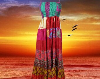 Women Sari Silk Maxi Dress, Red Handmade Party Evening Dress, Summer Beach Wear Dress, Holiday Dress Festival Dress, Hippie Dress S/M