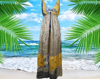 Womens Boho Beach Maxi Dress, DESERT TAUPE Summer Maxi Dress, Deep V Swing Recycle Silk Handmade Dresses S/M