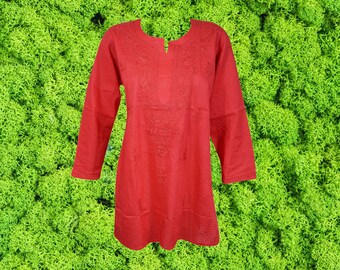 Vintage Cotton Tunic, Embroidered Medium, Indi Boho Cotton, Red Embellished, Bohemian Blouse Style M