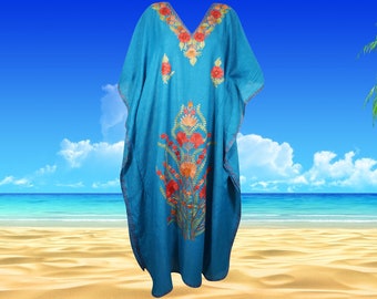 Women's Kaftan Maxi Dress, GIFT, Blue Boho Maxi Dress, Lounger, Cotton Floral Embroidered Caftans, oversize L-2XL One Size