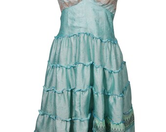 Sky Blue Vintage Recycled Silk Sari Spaghetti Strap Resort Beach Dress Printed Boho Chic Summer Fashion Sundress S/M