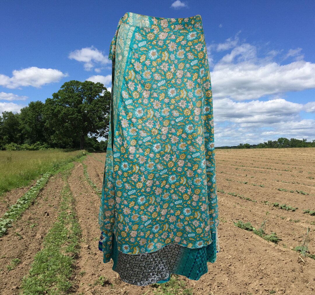 Womens Magic Maxi Wrap Skirt, Floral Double Layers Blue Wrap Skirts ...