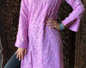 Womens Tunic Dress, Taffy Pink Sequin Work Embroidered cotton Tunic, Gift, Handmade Bohemian Gypsy chic Blouse Kurti XS/S