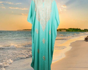 Womens Maxi Kaftan Dresses, Blue Embroidered Dress, Travel Gifts, Boho Dress, Resort Wear, Handmade Beach Caftan, One size, L-3XL