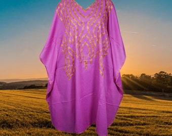 Women's Pink Kaftan, Midi Dress, Travel Boho Caftan Dress, Beach Holidays, Lounger, Cotton Artisans Embroidered Dresses L-4XL One Size