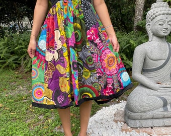 Women Maxi Skirt, Strapless Dresses Multicolor Floral Printed Dress, Summer Beach skirt, Recycled Sari Dresses S/M