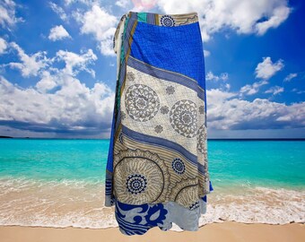 Womens Magic Maxi Wrap Skirt, Floral Double Layers Blue Wrap Skirts, Recycled Sari Wrap Skirt, Handmade Fashion, Handmade One size