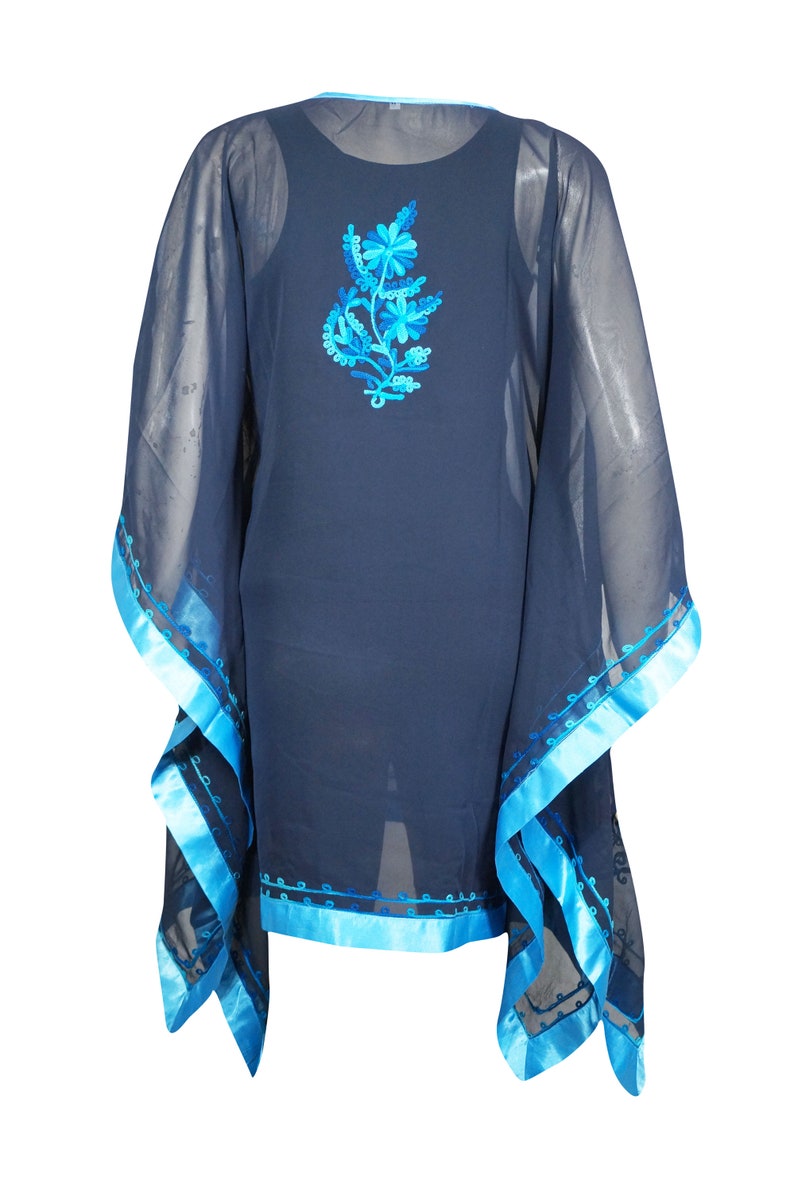 Womans Boho Caftan Ink Blue Embroidery Sheer Kaftan Kimono Dresses Beach Coverup Maternity Clothing M