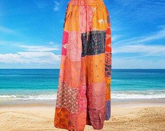 Womens Handmade Boho Patchwork Skirt, Orange Maxi Skirts, Ethnic Vintage Skirt, Recycle Long Skirts S/M/L