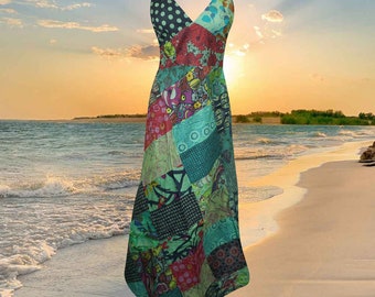 Women Long Maxi Dresses, Boho Chic V-Neck Cotton Green Patchwork Sexy Strap Dress SM