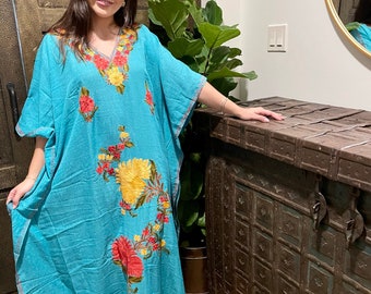 Womens Kaftan Maxidress, Travel Maxi Dresses, Sky Blue Embroidered Caftan Dresses, Loose Flowy Dressy Caftan Dress One Size L-2XL