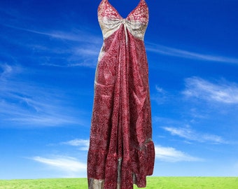 Womens Strap Boho Beach Maxi Dress, Summer Maxi Dress, Halter Dresses, Pink Printed Swing Recycle Silk Handmade Dresses S/M