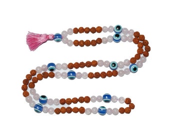 Rose Quartz Mala Beads, Evil Eye Energy Stone Healing Reiki Necklace, Meditation Jewelry, Chakra Healing Mala, Healing Mala Beads