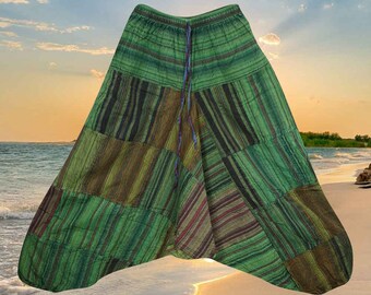 Boho Hippie Aladdin Pant, Handmade Pants, Green Stripes Cuffed Pants, Stonewashed Cotton Pants, S/M/L