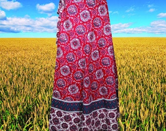 Womens Cotton Wrap Skirt, Coral Red Gypsy Summer Maxi Wraparound Maxi Skirts One size