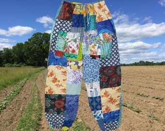 Womans Boho Pant, Trendy Blue Hippie Pants, Patchwork Gypsy Cotton Trousers, Cargo Pants, Loose Baggy Handmade S/M/L