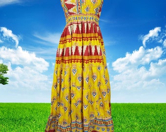 Women Maxi Skirt, Gypsy Boho Tiered Flared Skirt, Yellow Floral Recycled Sari Smocked Bodice Dual Design Skirt Dresses S/M