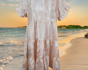 Flutter Sleeve Boho Dress, Pink, Floral, Casual, Tiered Short Dresses, Recycle Silk, Cocktail Dresses for women - Boho Daydress, M