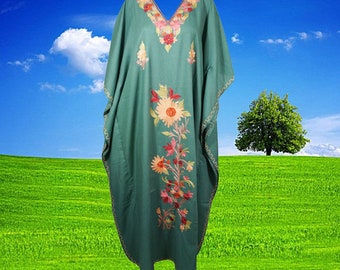 Womens Maxi Kaftan, Gift Cotton Caftan Dress, Green Embroidered Kaftan Oversize Dress, Beach Maxi Dresses, Travel kaftan L-3X