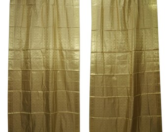 Golden Sari Drape Panel, 2 Indian Window Treatment, Curtain, Brocade Border Rod Pocket, Handmade Curtains, Home Decor 96 inch