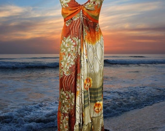 Womens Summer Maxi Dress, Halter Dresses, Orange Print Swing Strap Boho Beach Maxi Dress, Recycle Silk Handmade Dresses S/M