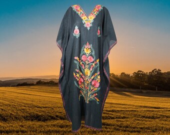 Womens Loose Kaftan Maxi Dresses, Luxury Cotton Hand Embroidered Caftan Dress, Black kaftan abaya long Dress L-2XL One Size