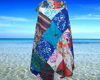 Womens Patchwork Wrap Around Short Cotton Skirt, Wrap Skirt, Summer Blue White Indian Magic Skirts One size