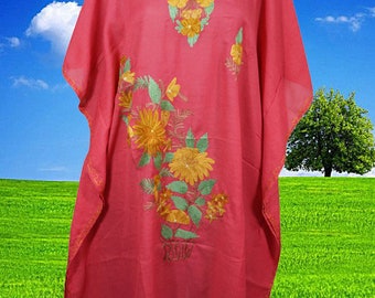 Women's Pink Muumuu Caftan Short Dress, Cotton Embroidered Kimono Dresses Floral Caftan Party Wear Crepe Boho Kaftan, L-2X