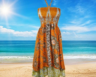 Womens Summer Dress, Orange Recycled Silk Beach Resort Wear Sundress, Handmade Boho Beach Dresses S/M