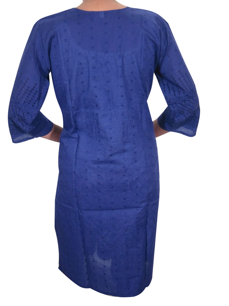 boho Gypsy Chic Womens Blue Kurti Designer Embroidered Long Sleeves Indian Tunic Dress M