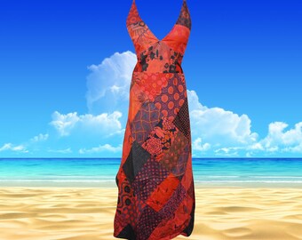 Womens Boho Maxi Dress, Red Cotton Patchwork Printed Dresses, hand made Casual Strap Sundress SM