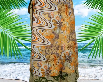 Womens Midi Wrap Skirt, Orange Floral Beach Cover Up, Boho Two Layer Silk Sari, Magic Wrap Around Skirts One size