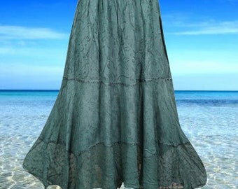 Forest Green Renaissance Long Skirt, Embroidered Sheer Lace Hem, Floral Hippie Maxi Skirt, Elastic Waist Skirt, Ren Faire Clothing M/L