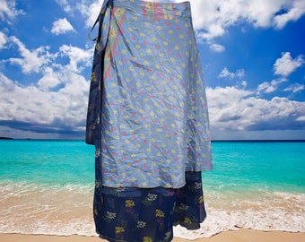 Women Blue Handmade Floral skirt, Recycled Sari Silk Wrap Skirt, Bohemian Clothing, Summer Skirts, Wrap skirt One Size