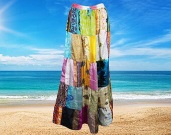Vintage PATCHWORK Maxi Skirt, Recycle Silk Colorful Festive 70s Women Hippie Boho Long Floral Drawstring Skirts S/M/L
