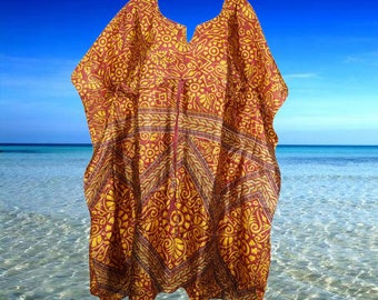 Bohemian Travel Kaftan, Short Kaftan,  Racy Garnet Red Yellow, Beach Resort Wear, Sari Silk Caftan Dress S/M/L