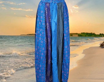 Womens Patchwork Maxi Skirt, Long Elastic Waist Cotton Blue Vintage Indian Style Handmade A-Line Long Skirts S/M/L