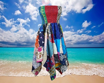 Women’s Patchwork HANKY Skirt, Colorful Ruched Boho Dress Cotton Beach Strapless Dresses S/M