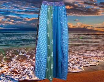 Womens Maxi Skirt, Blue Summer Skirt, Gujarati Patchwork Handmade Vintage Boho Chic Long Skirts S/M/L