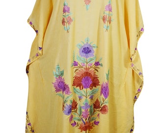 Women's Yellow Kaftan Kimono Sleeves Beautiful Floral Embroidered Evening Resort Wear Stylish Lounge Maxi Caftan Dresses 4XL