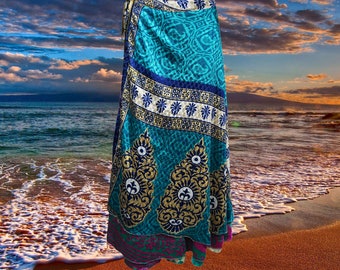 Womens Wrap Skirt, Teal Blue Wrap Skirt, Recycled Sari Double Layers Boho Summer Skirt, Sarong Wrap Skirt, One Size