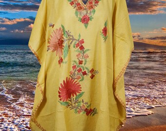 Kaftan For Women's Yellow Muumuu Caftan Dress, Gift For Her, Cotton Embroidered Dresses  Floral Caftan Party Wear Crepe Boho Kaftan, L-2X