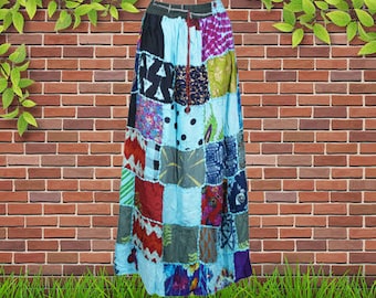 Womens Maxi Skirt, Blue Boho Hippie Festival PATCHWORK Vintage Retro Maxi Flared Skirts, Cotton Casual Comfy SKIRT S/M/L