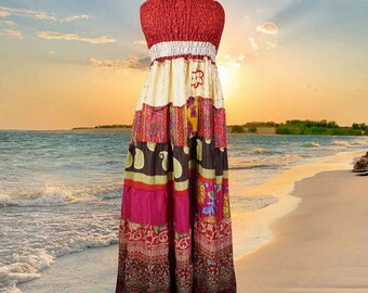 Women Summer Beach Wear Dress, Travel Maxi Dress, Sari Silk Red Handmade Party Evening Dress, Holiday Dresses, Hippie Dress S/M