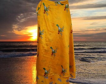 Womens Wrap Long Skirt, Valentine gift, Beach Cover Up, Yellow Bird Printed Two Layer Silk Sari Skirts, Magic Wrap Around Skirts One size