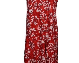 Bohemian Beach Dress Red Printed Button Front Flared Hem SLEEVELESS Summer Dresses L